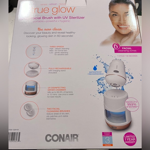 CONAIR NIB AUTHENTIC TRUE GLOW SONIC FACIAL BRUSH WITH UV STERILIZER - Picture 5 of 11